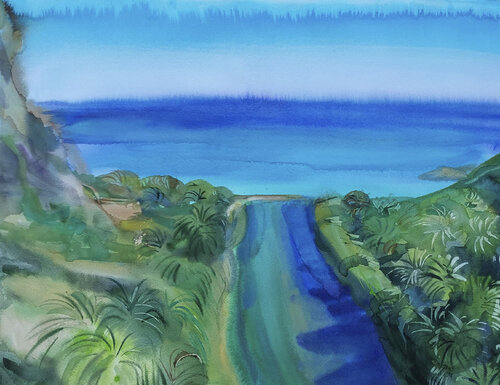 The Cretan coast where a palm-lined river meets the sea. "Preveli" by Tamara Shyrai, Painting for Sale on Select