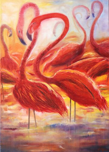 Red flamingos by Ludmilla Ukrow, Painting for Sale on Select