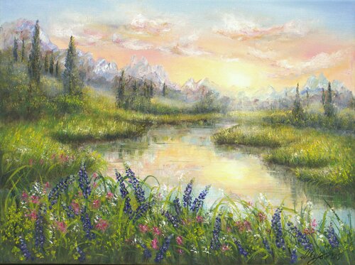 Sunset at the bluebonnet field by Ludmilla Ukrow, Painting for Sale on Select