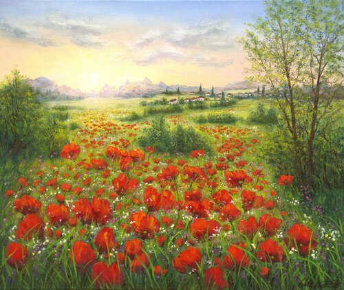 Sunrise on the poppy field by Ludmilla Ukrow, Painting for Sale on Select