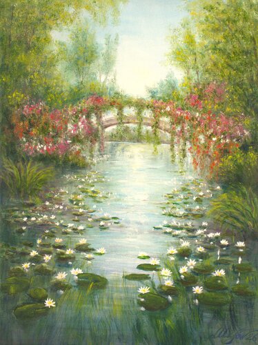 Water lilies pond by Ludmilla Ukrow, Painting for Sale on Select