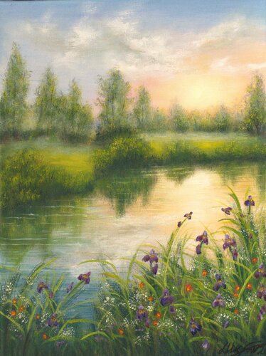 Sunset at the lake by Ludmilla Ukrow, Painting for Sale on Select