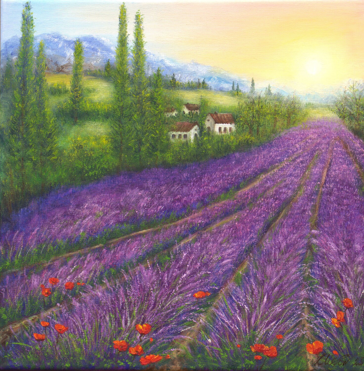 Purple lavender field Ludmilla Ukrow Original painting for sale