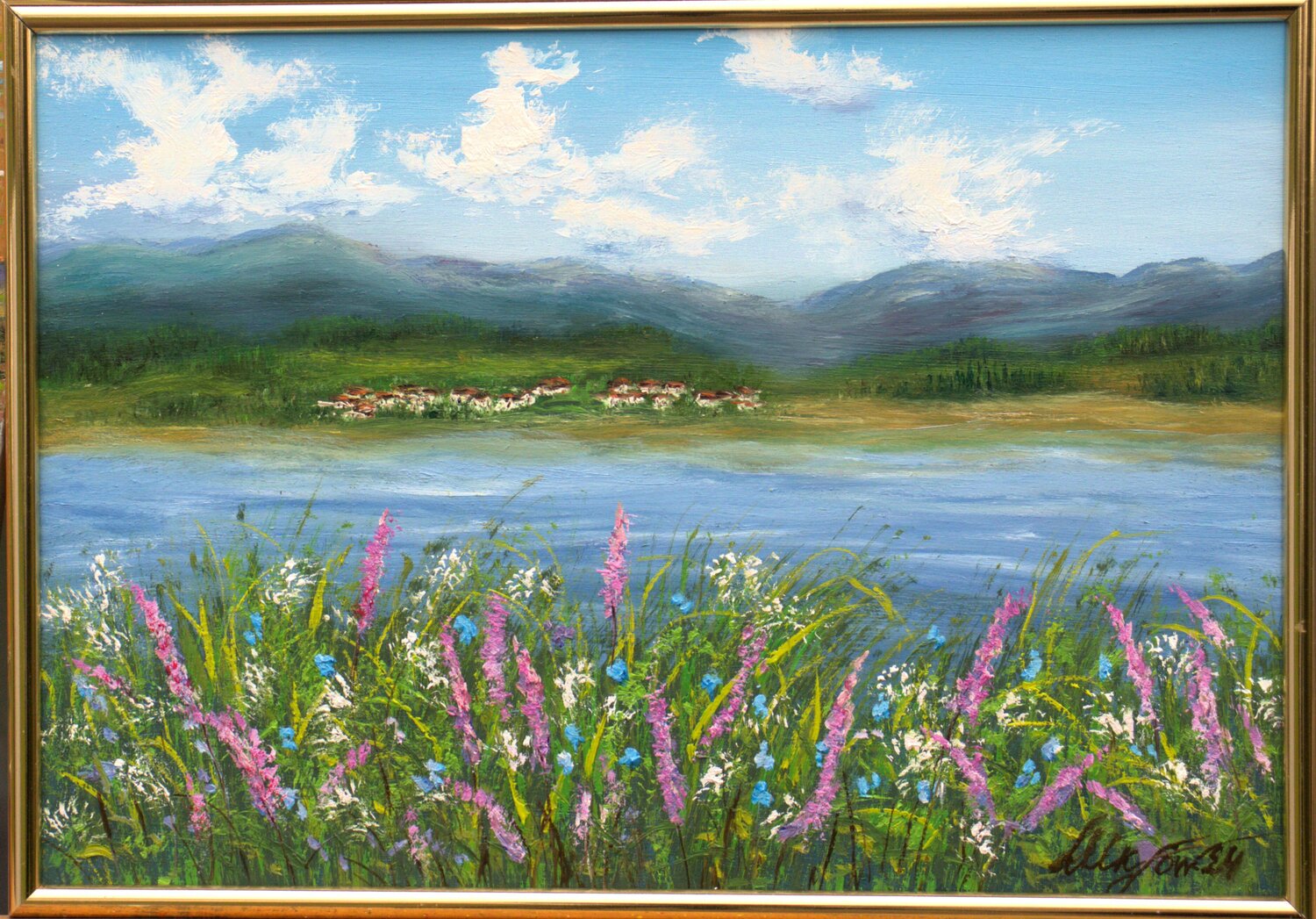Landscape with wildflower meadow Ludmilla Ukrow Original painting for sale