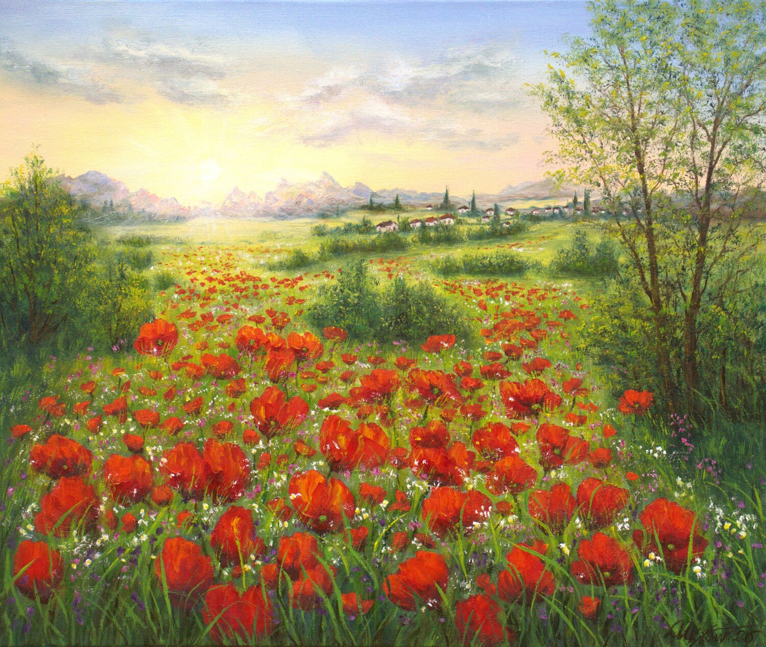 Sunrise on the poppy field Ludmilla Ukrow Original painting for sale