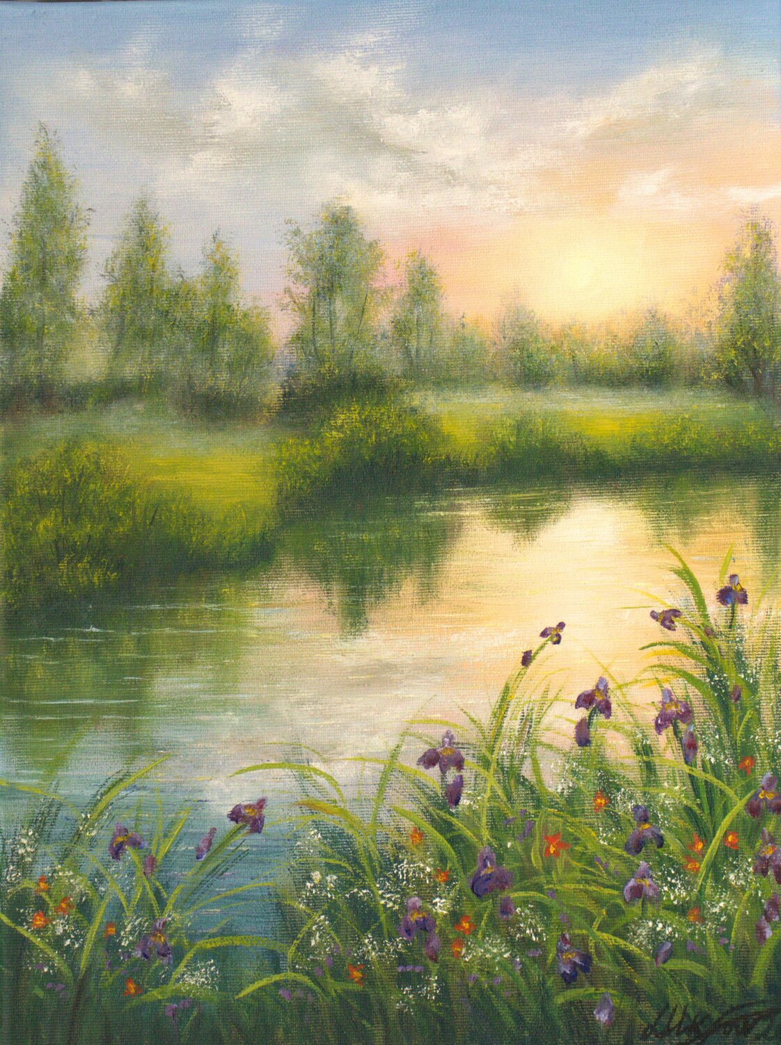 Sunset at the lake Ludmilla Ukrow Original painting for sale