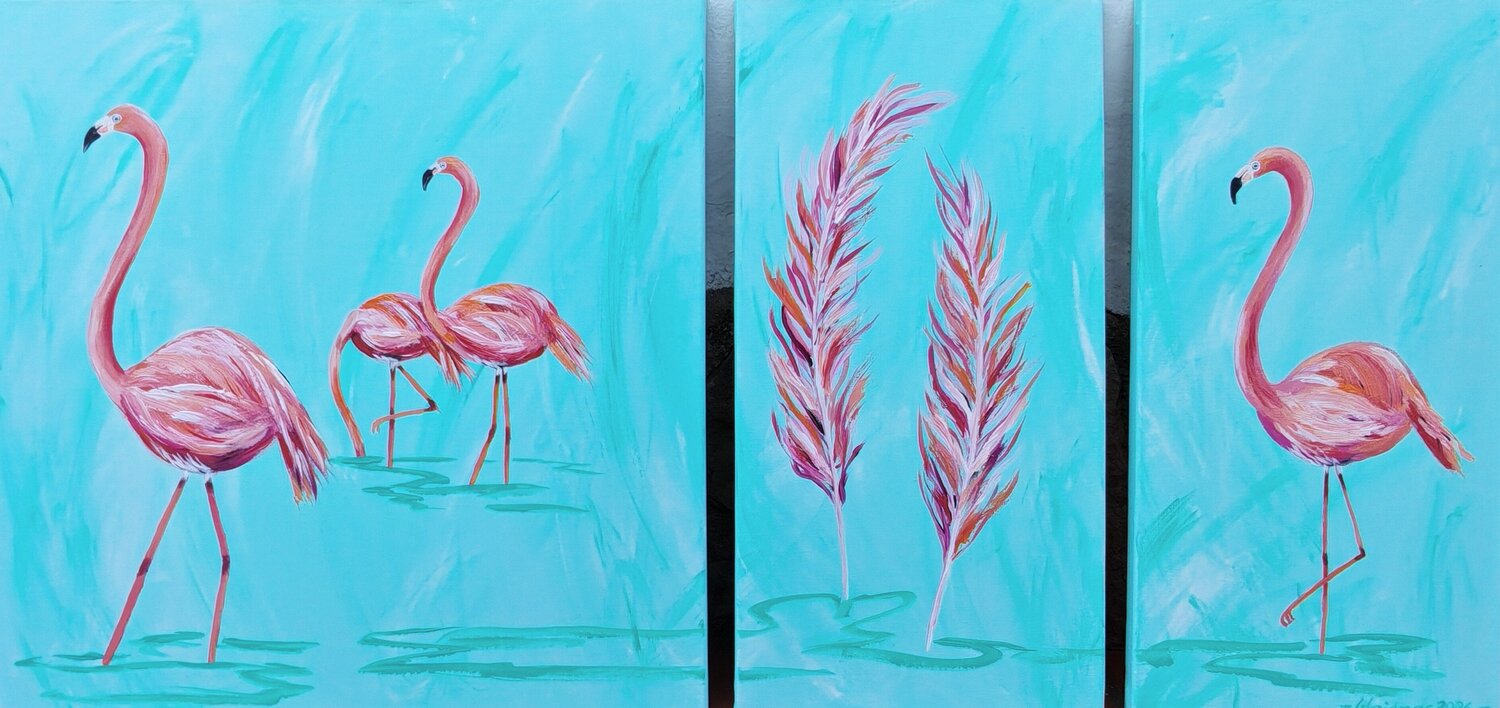 Tropical Flamingo Dream - Triptychon Angela Weidner Original painting for sale
