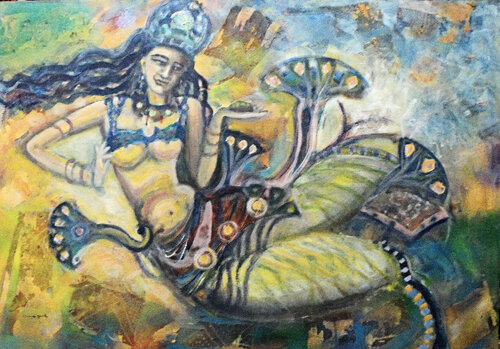 she brings me Tibetan tea: series 5 look East, woman by Nalini Shanthi Cook, Painting for Sale on Select