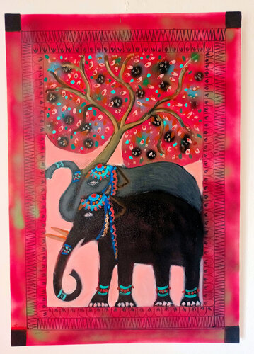 tree of life: series 5 look East ,elephant by Nalini Shanthi Cook, Painting for Sale on Select