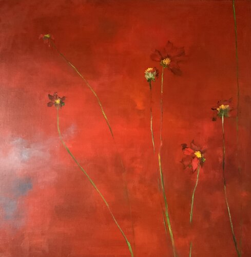 Sans Titre (Les Dahlias Rouges) by Kathy Gébelin, Painting for Sale on Select