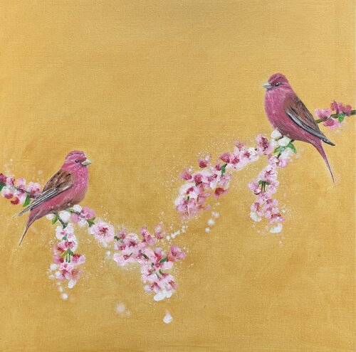 Rose Finches and Cherry Blossom on gold by Laure Bury, Painting for Sale on Select