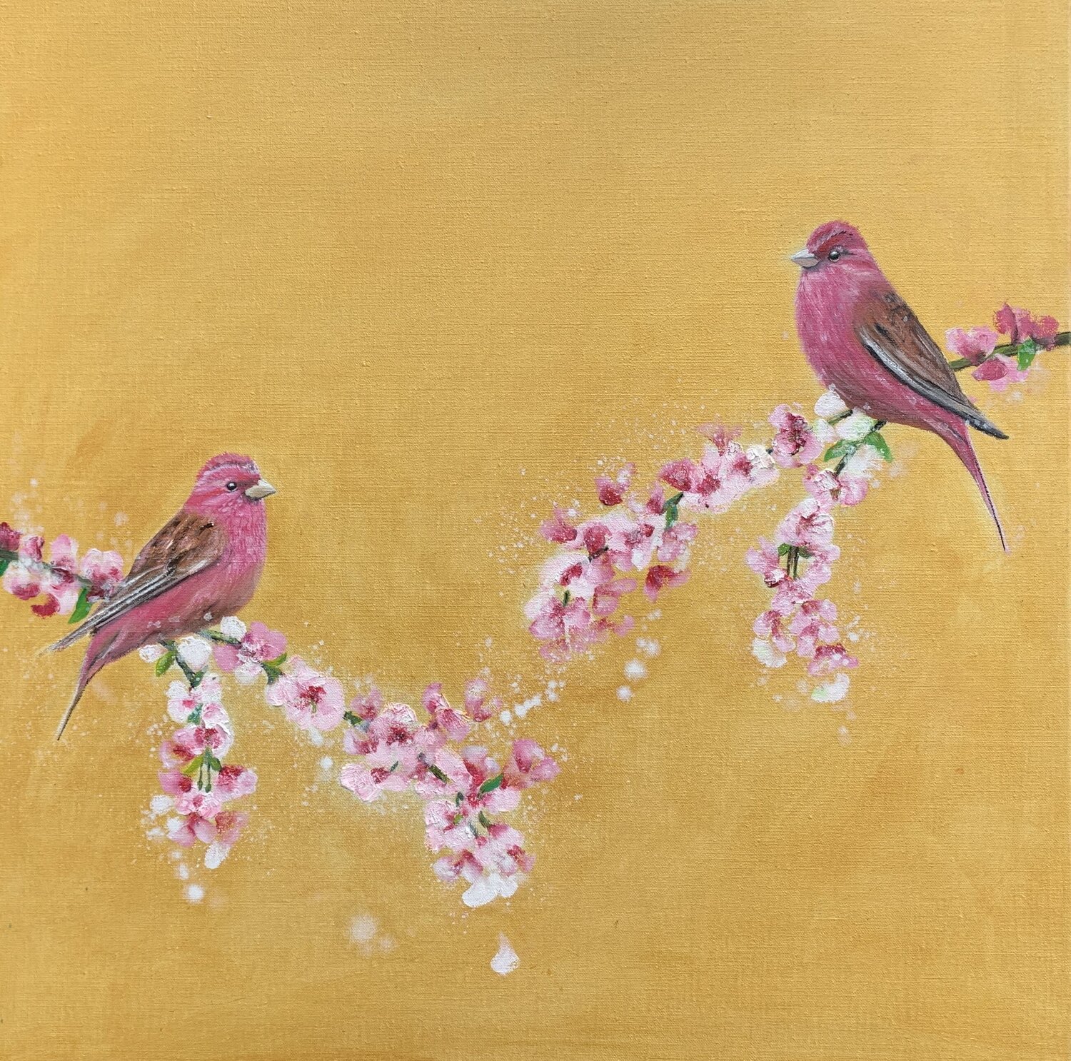 Rose Finches and Cherry Blossom on gold Laure Bury Original painting for sale