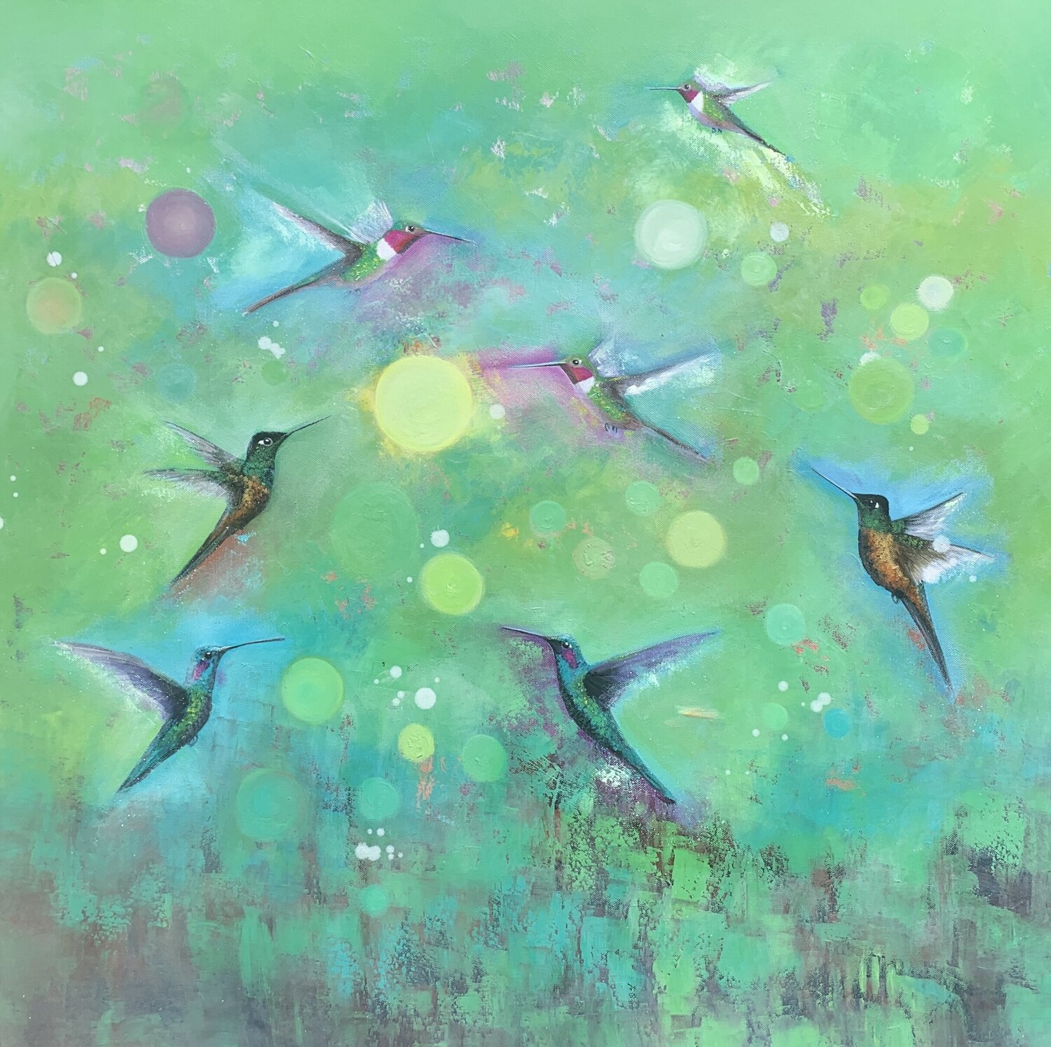 Magical Orbs and Hummingbirds Laure Bury Original painting for sale