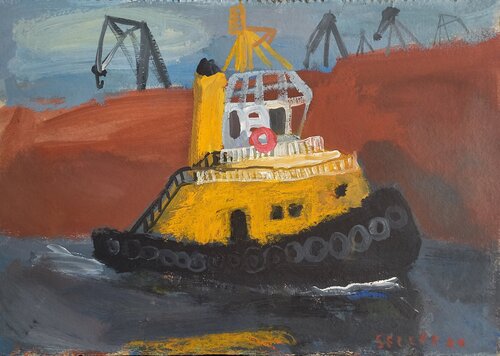 Schleppschiff mit Kränen by Irina Seller, Painting for Sale on Select