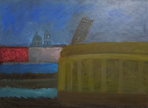 River, church, and stadium by Irina Seller, Painting for Sale on Select