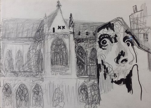 Church and Salvador Dali mural by Irina Seller, Drawing for Sale on Select