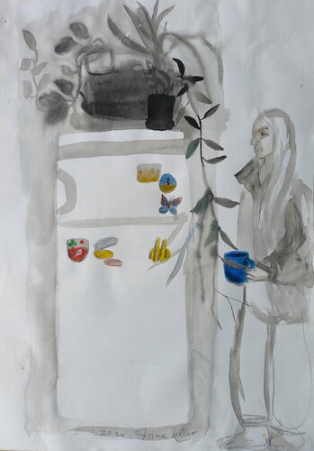 2020 Lockdown. Selbstporträt mit Kühlschrank und Pflanzen by Irina Seller, Drawing for Sale on Select