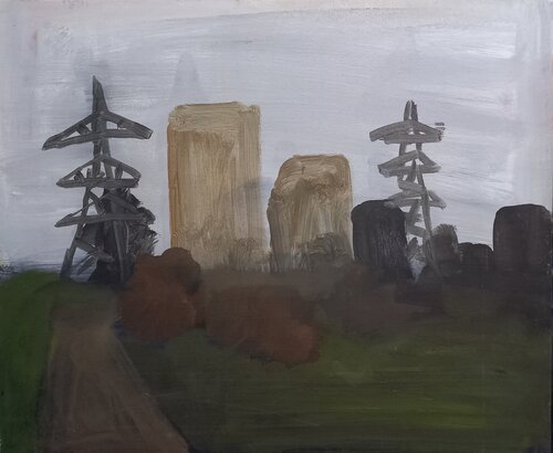Houses and pylons. Evening cityscape. by Irina Seller, Painting for Sale on Select