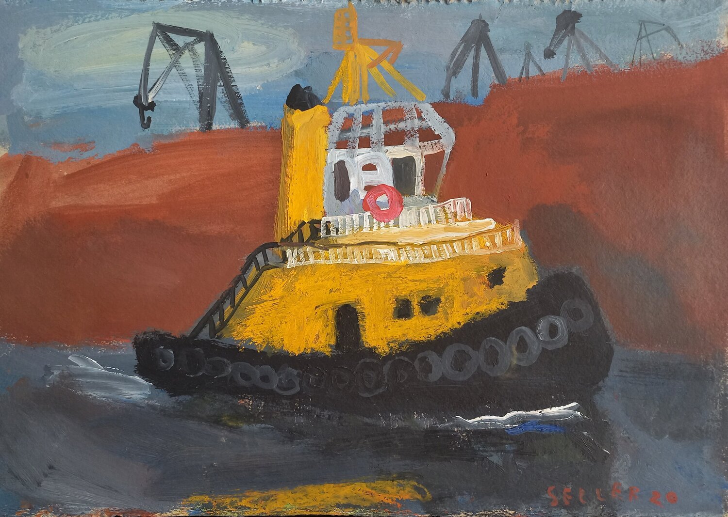 Schleppschiff mit Kränen Irina Seller Original painting for sale