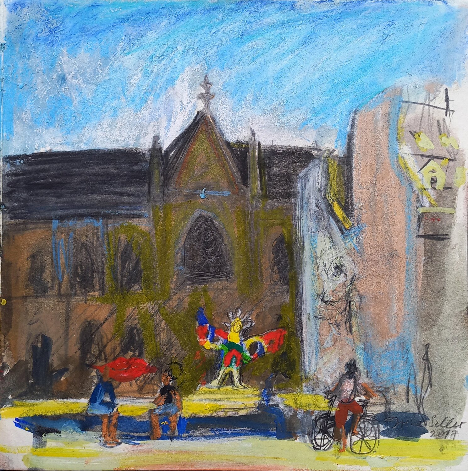 Church and fontain (an hommage to Jean Tinguely and Niki de Saint Phalle) Irina Seller Original painting for sale