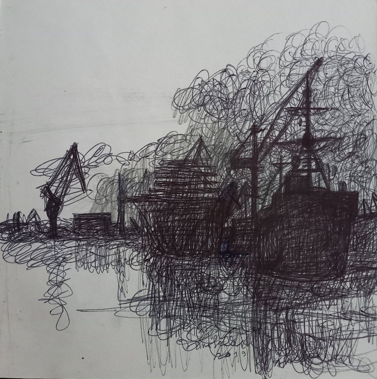 Ships and cranes in the port Irina Seller Drawing for sale