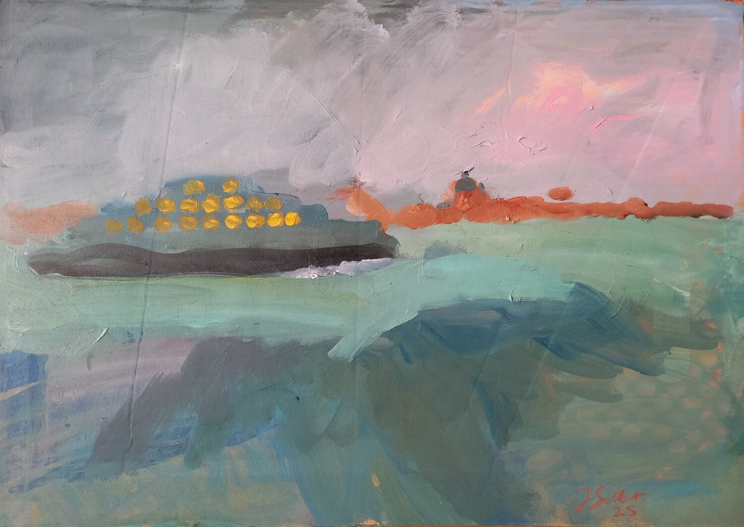 Ship in the lagoon, Impressionistic Irina Seller Original painting for sale