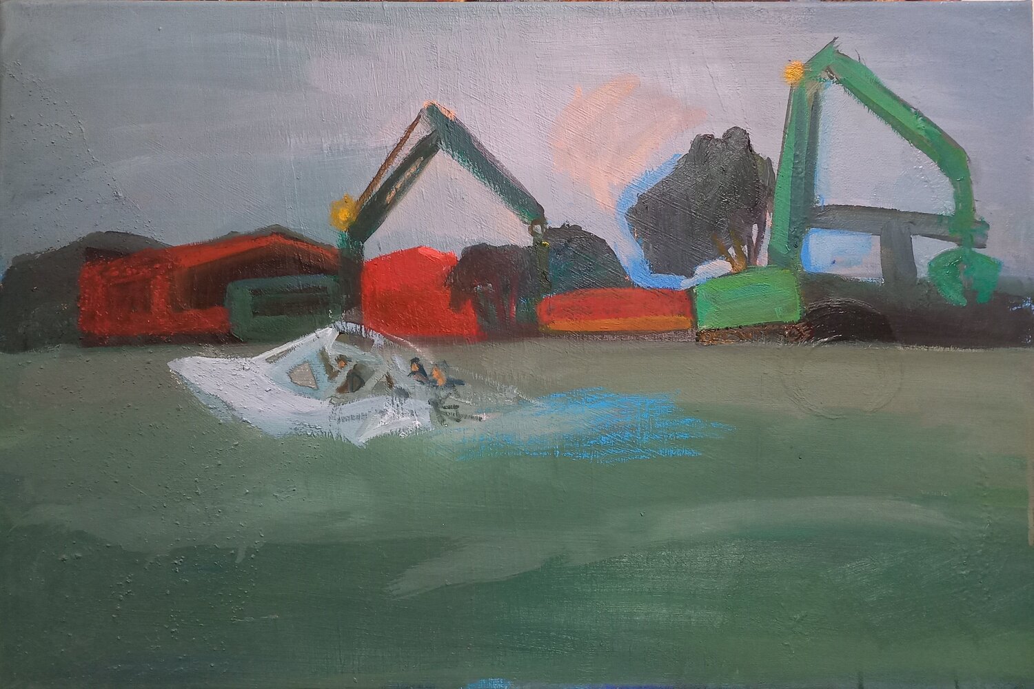 Rainy day, lagoon, cranes, and boat Irina Seller Original painting for sale