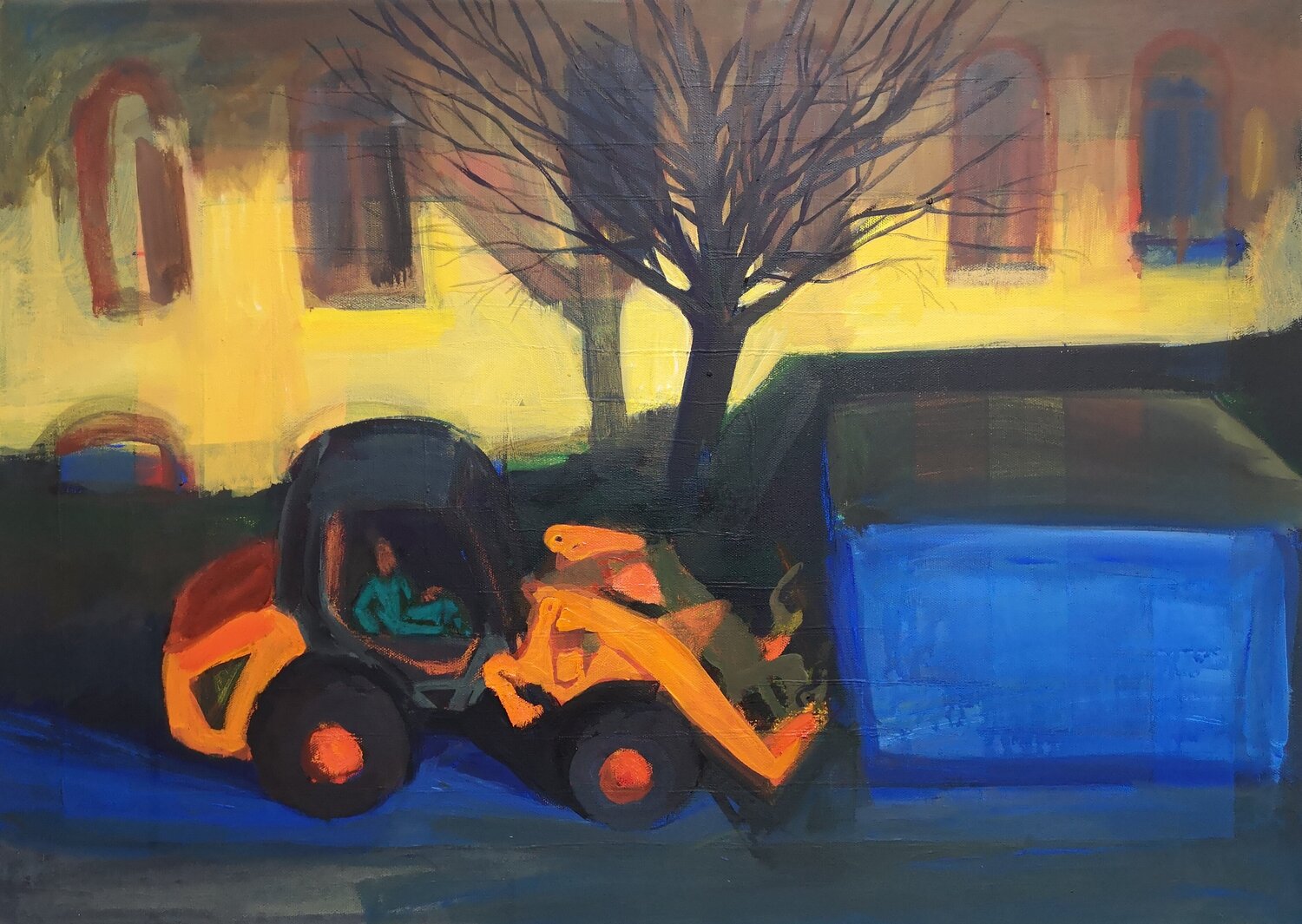 Night cityscape with an excavator Irina Seller Original painting for sale