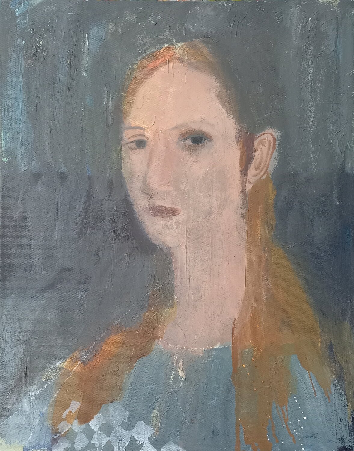 Self-portrait in grey (self-portrait in a checkerboard-patterned shirt) Irina Seller Original painting for sale