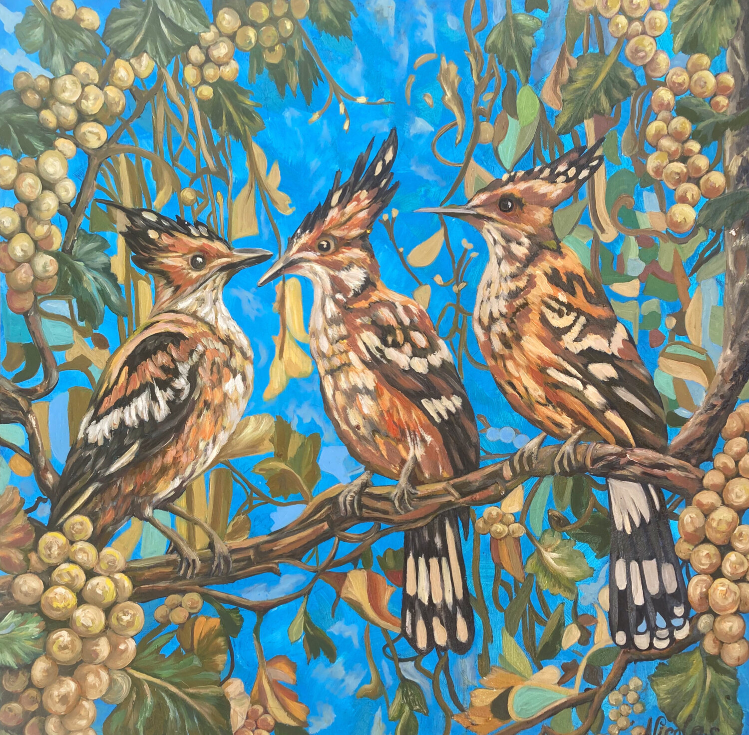 "Hoopoes on the grapevine" Pintor Nicolas Original painting for sale