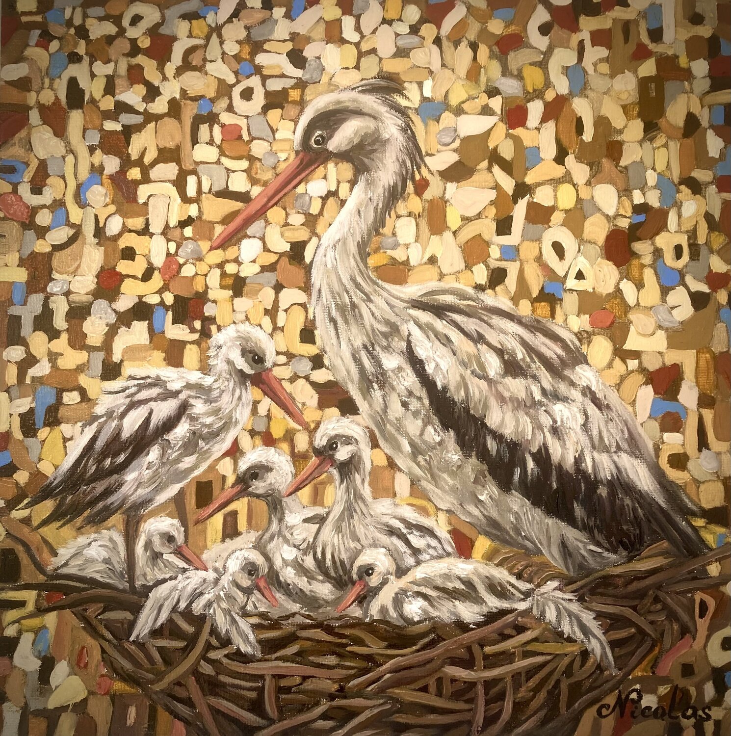 “Storks in the Golden Light” Pintor Nicolas Original painting for sale