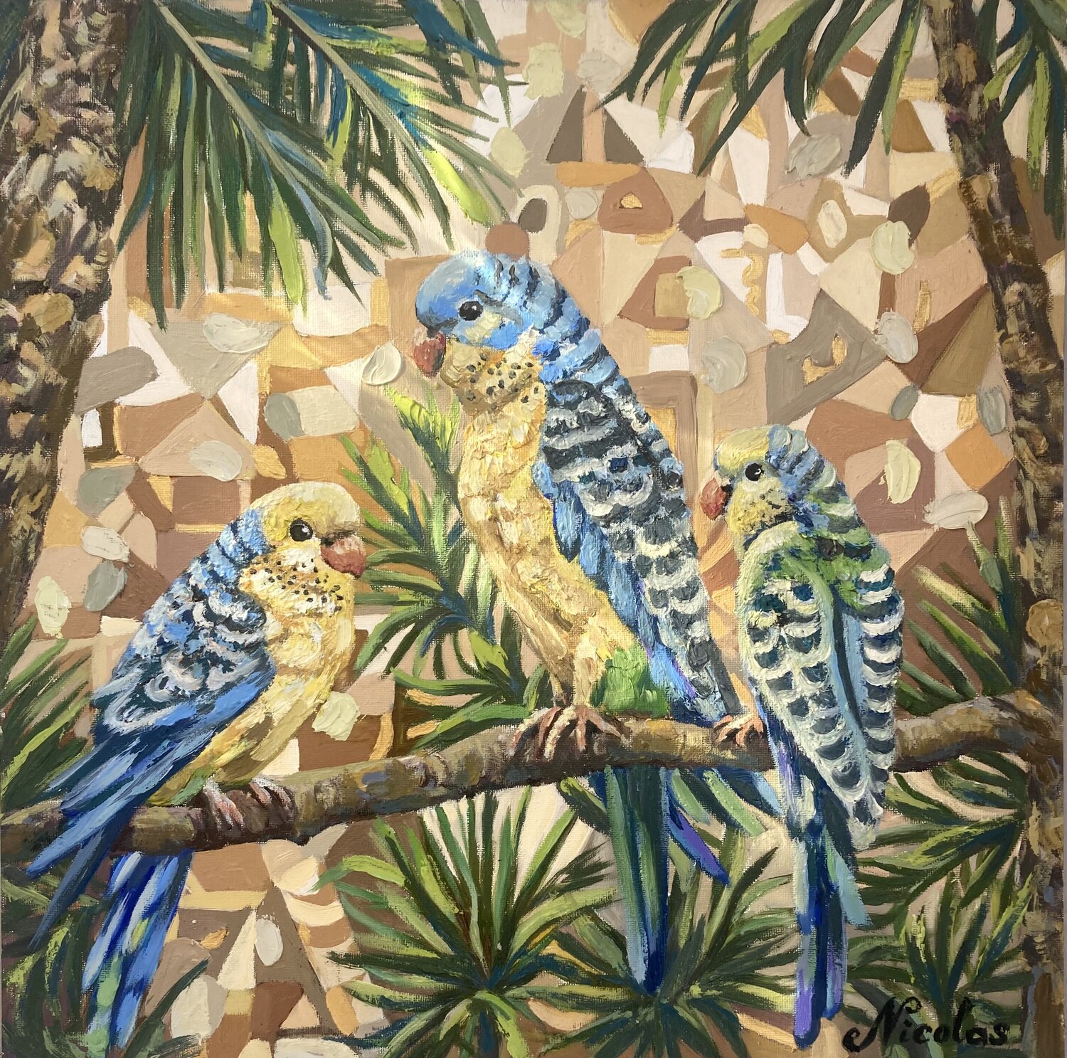 Paradise Birds: Golden Geometric Sunset Pintor Nicolas Original painting for sale