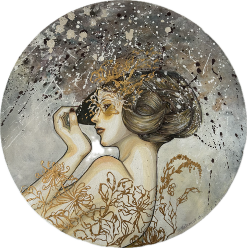 A Girl With A Hat and Gold Flowers by Keiko Suzuki Möller, Painting for Sale on Select