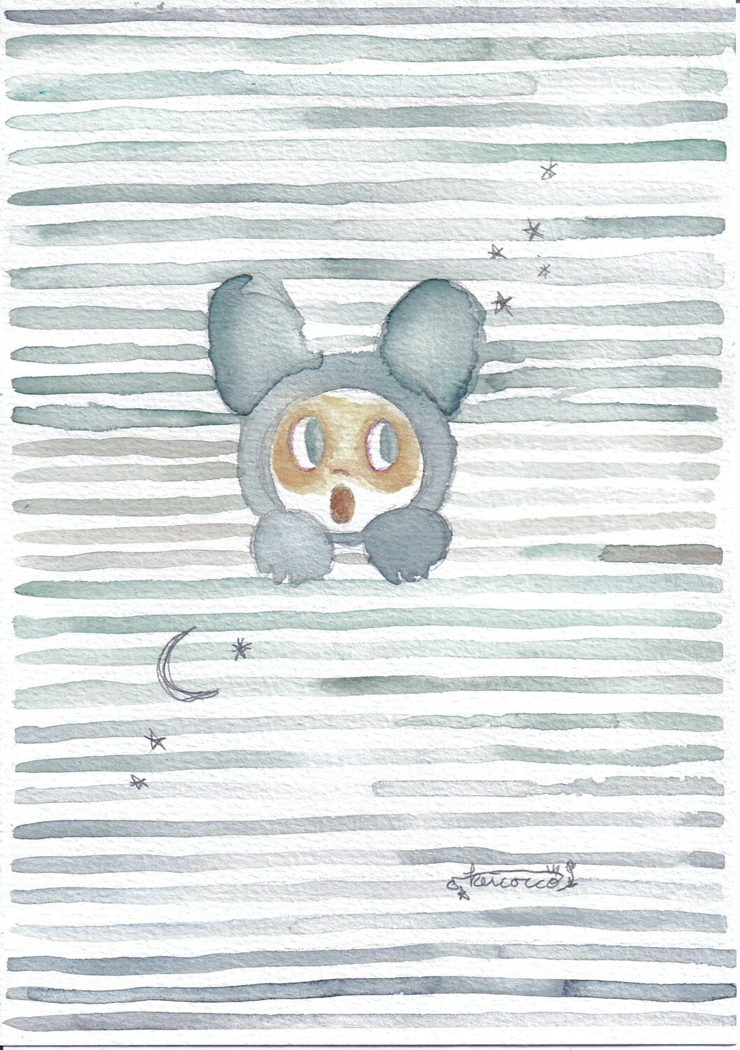 Hello USAPON with blue gray stripes Keiko Suzuki Möller Original painting for sale