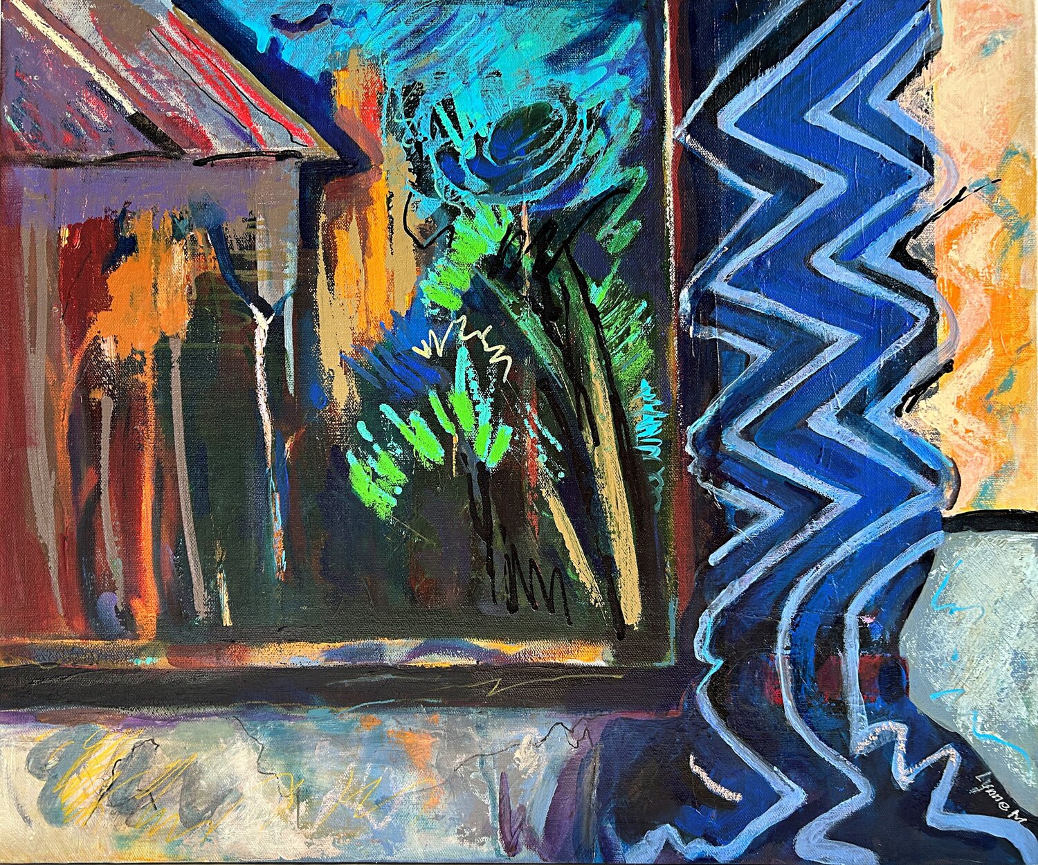Threshold with Blue Curtain Lynne Meneses Original painting for sale