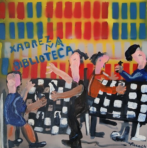 Xadrez na biblioteca by Vítor Pisco, Painting for Sale on Select