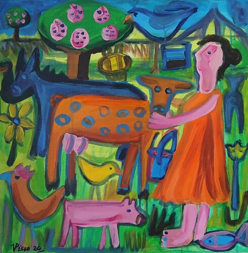 Menina e animais da quinta by Vítor Pisco, Painting for Sale on Select