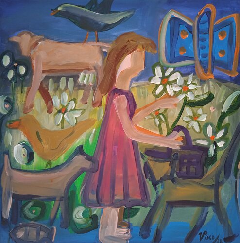 Menina colhendo flores von Vítor Pisco, Malerei kaufen auf Select