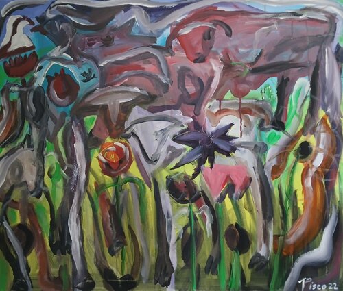 Touro, violão e cabras by Vítor Pisco, Painting for Sale on Select