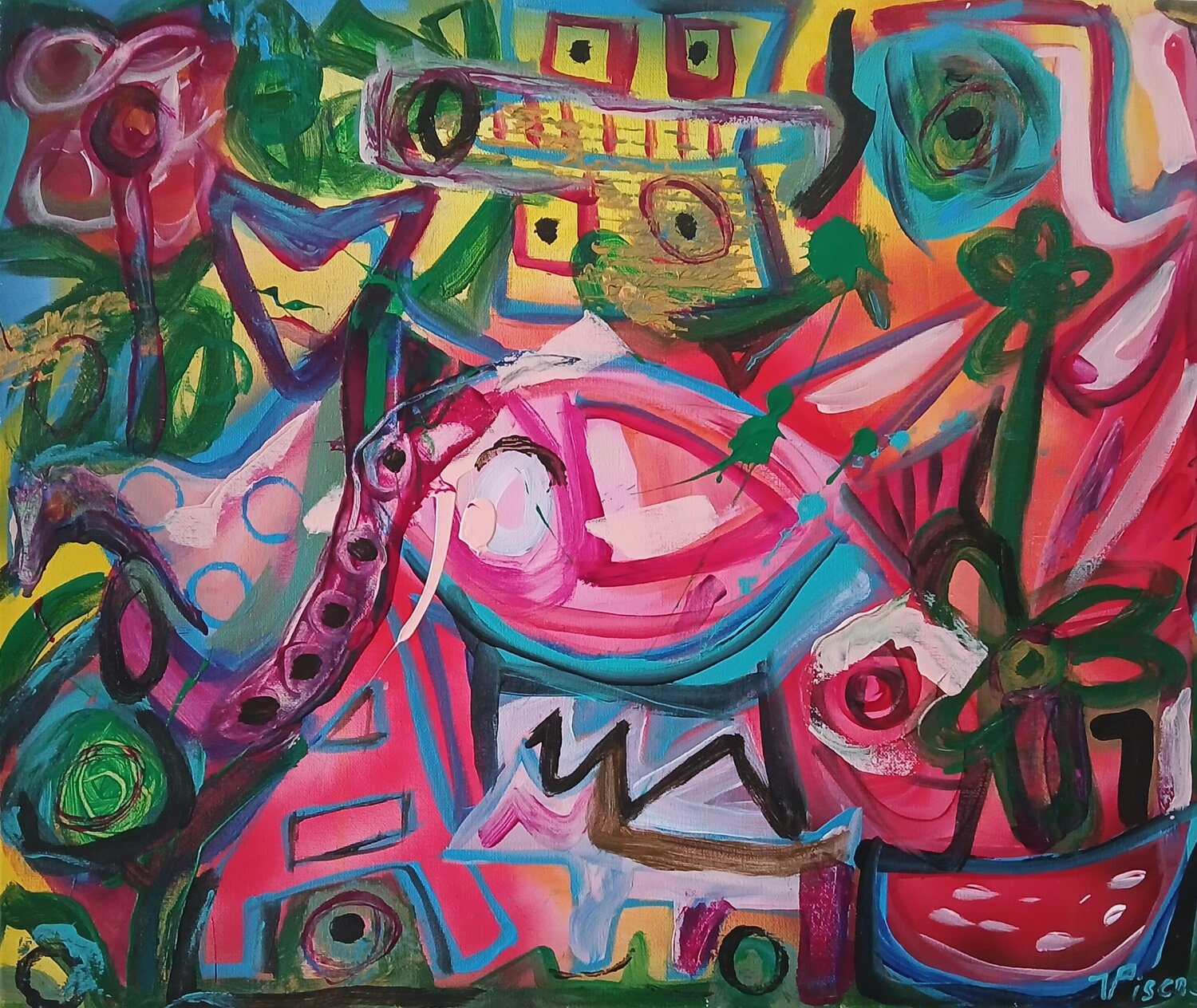 Gato e peixe Vítor Pisco Original painting for sale