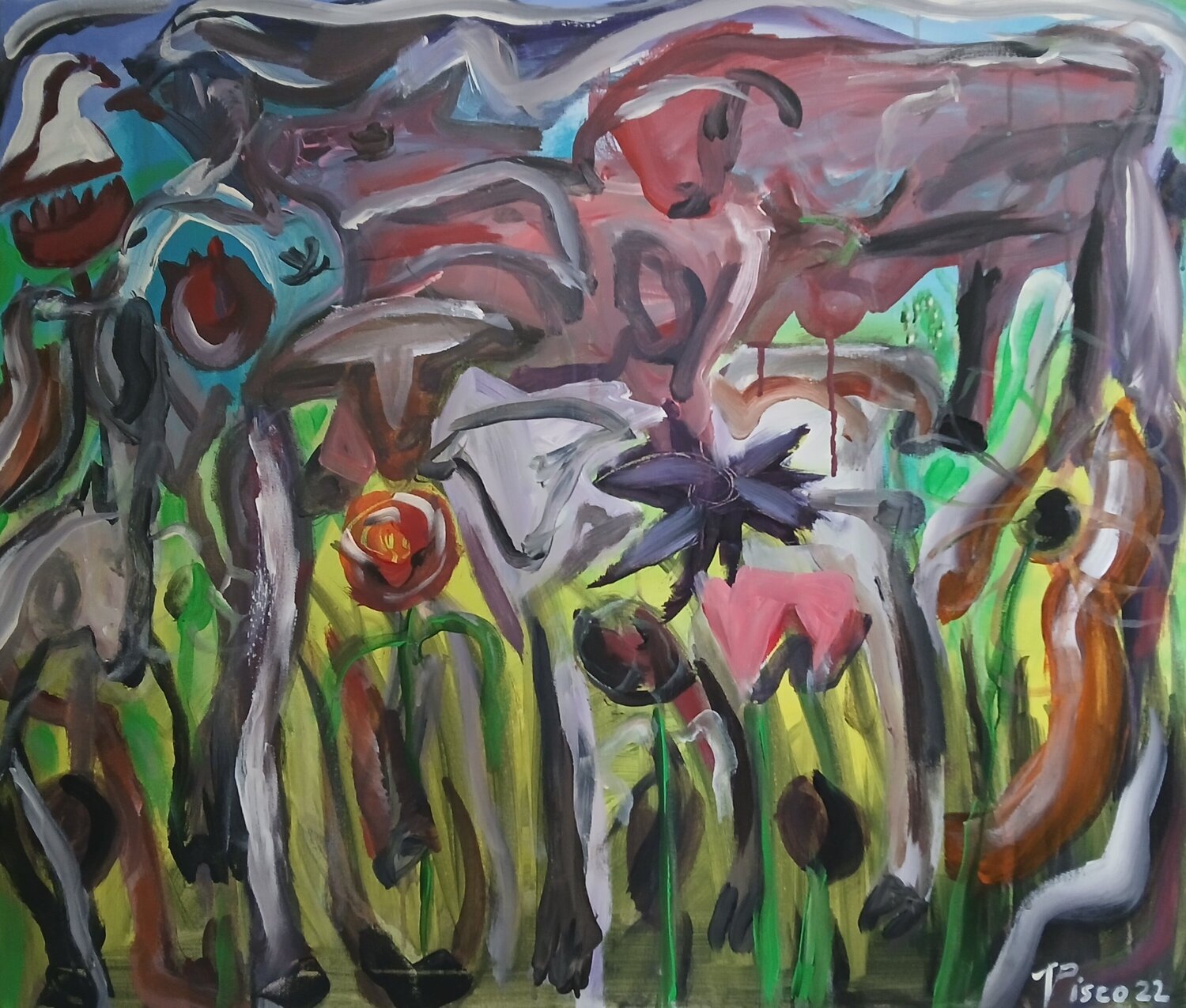 Touro, violão e cabras Vítor Pisco Original painting for sale