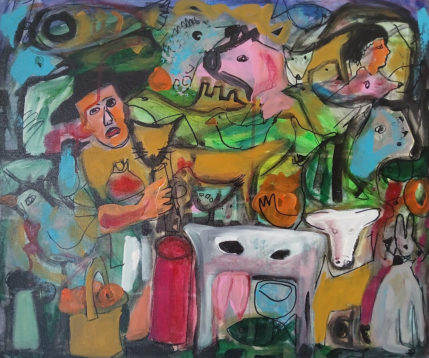 Pessoas, animais e ambiente Vítor Pisco Original painting for sale
