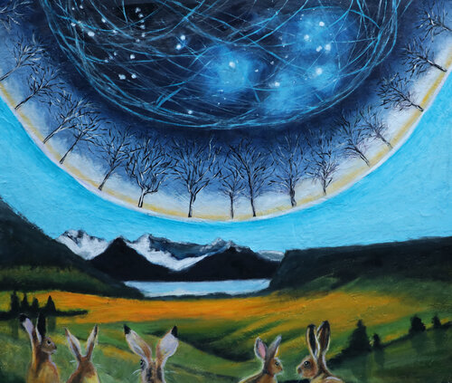 Astral Alignment with puzzled rabbits by evy Olsen Halvorsen, Painting for Sale on Select