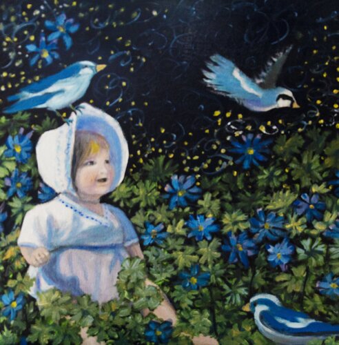 bluebirds of innocence by evy Olsen Halvorsen, Painting for Sale on Select