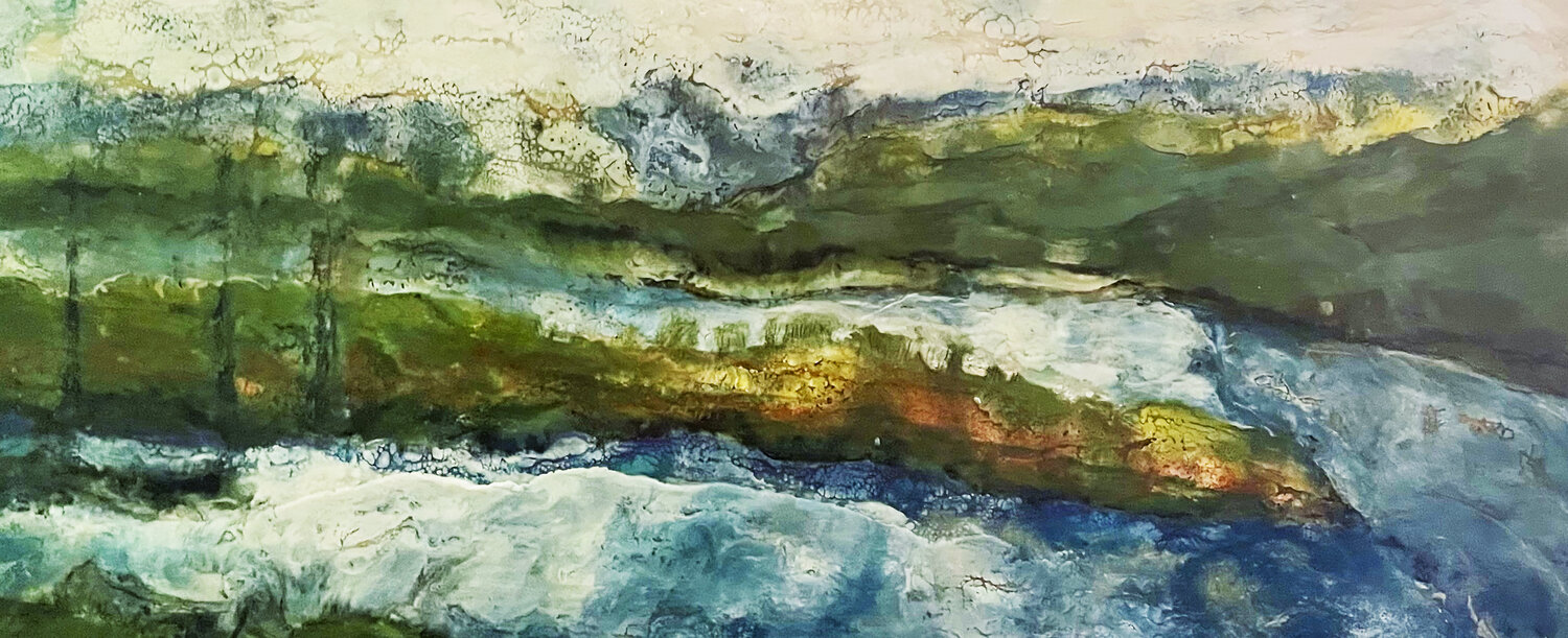 Turbulent river, encaustic evy Olsen Halvorsen Original painting for sale