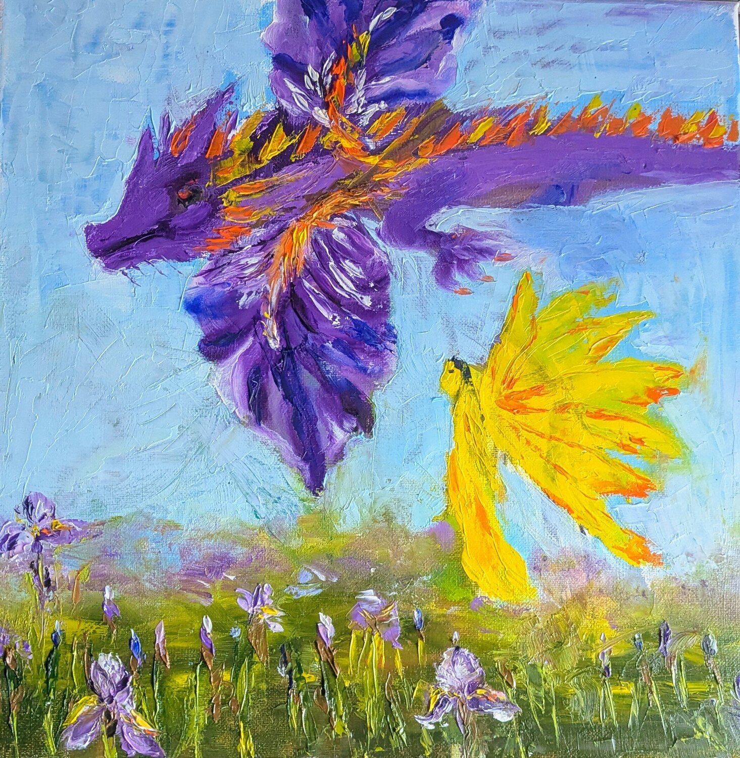 Syrener Drache über dem Irisfeld Ellen Frischbutter Original painting for sale
