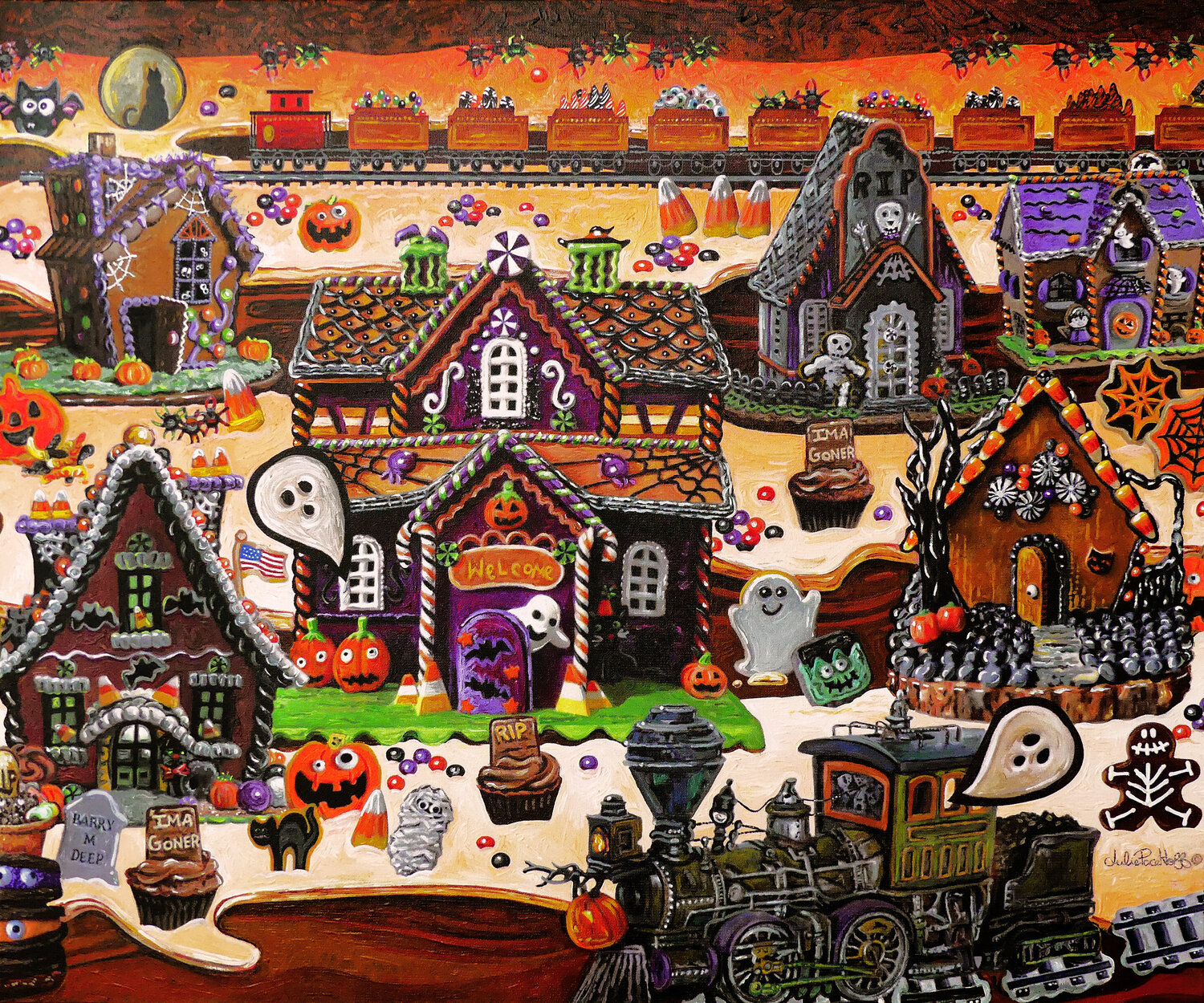 Halloween Haunted Cookie Town Julie Pace Hoff Original painting for sale