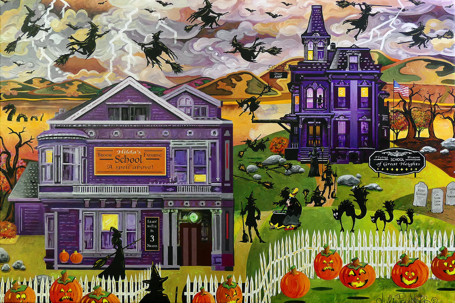 Halloween Witches Flight School Julie Pace Hoff Original painting for sale