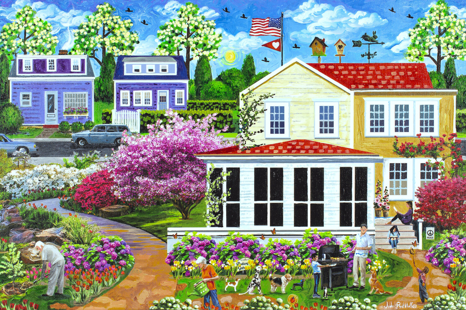 A Springtime Family  Backyard Leisure Julie Pace Hoff Original painting for sale