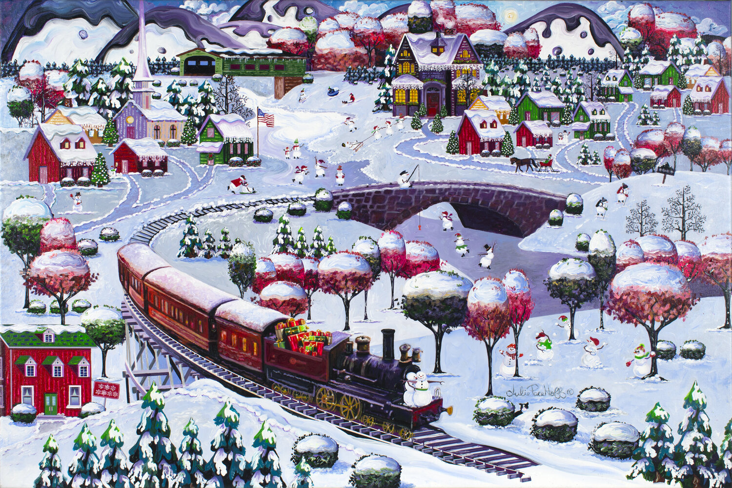 Snowman Village Julie Pace Hoff Original painting for sale